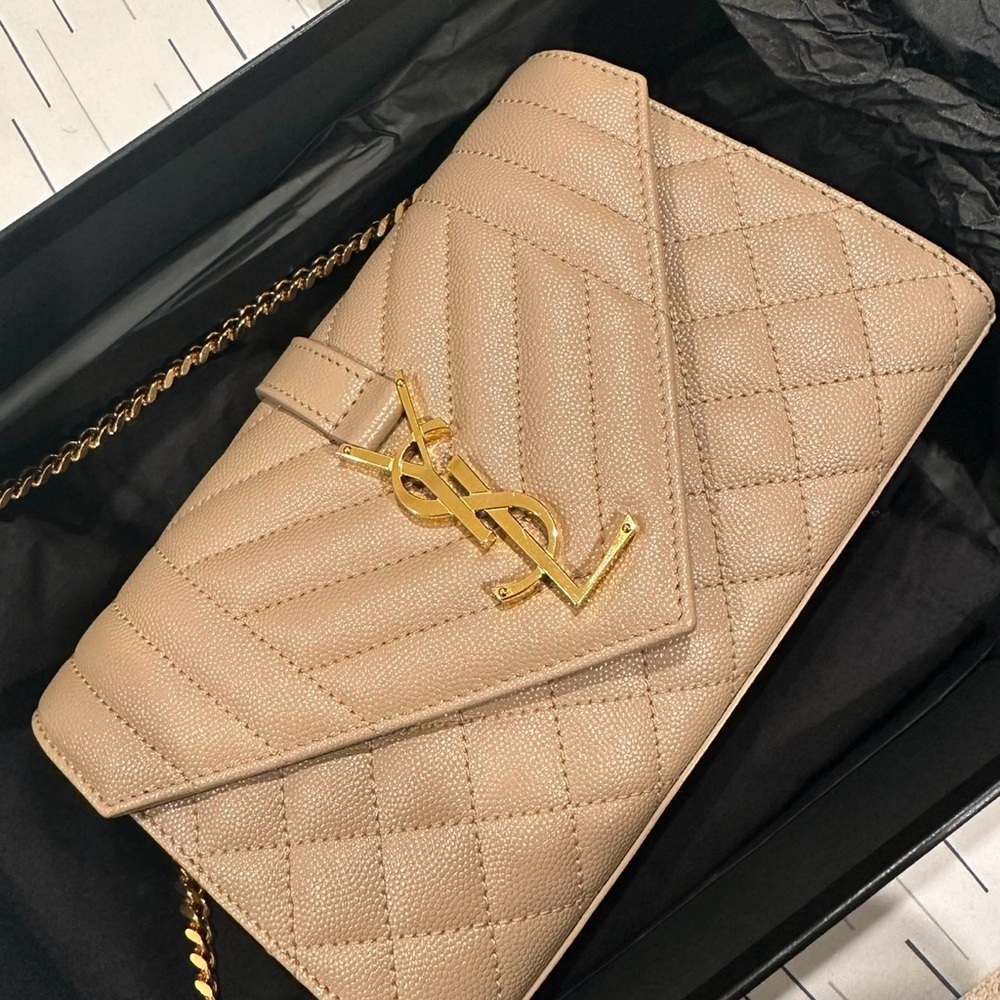 Yves Saint Laurent Cream Quilted Clutch with Gold Hardware